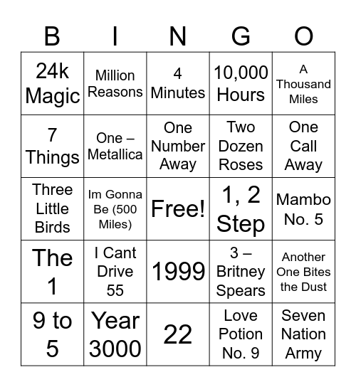 Round 3 - Songs with Numbers Bingo Card