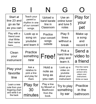 Covington Band Spring Break Bingo Card