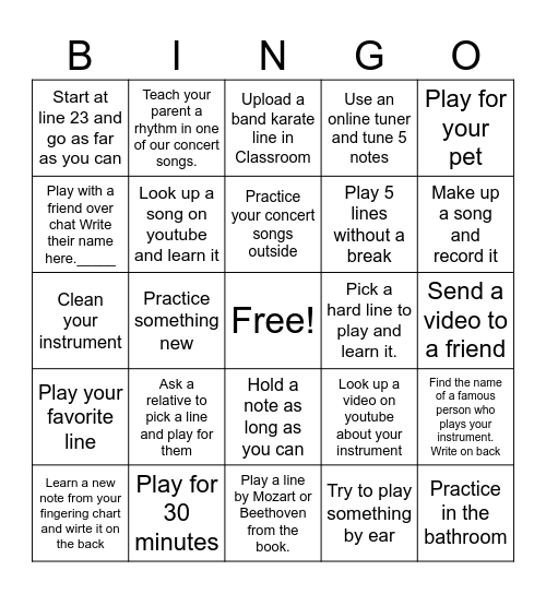 Covington Band Spring Break Bingo Card