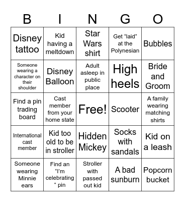Drinking Disney Bingo Card