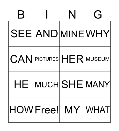 ENGLISH WORDS Bingo Card
