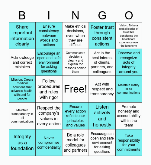 INTEGRITY Bingo Card