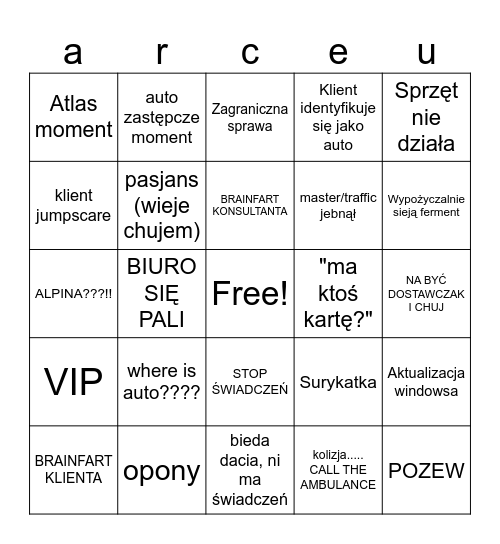 assistance Bingo Card