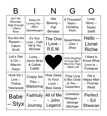 Love Songs (Full) Bingo Card