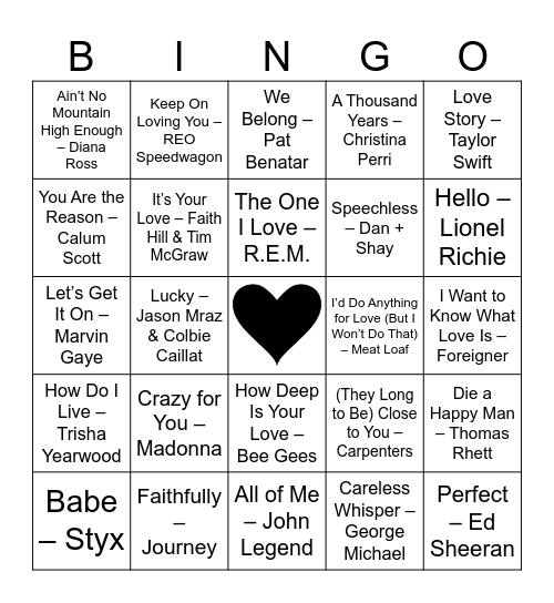 Love Songs (Full) Bingo Card
