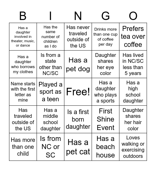 Behind the Shine Bingo Card