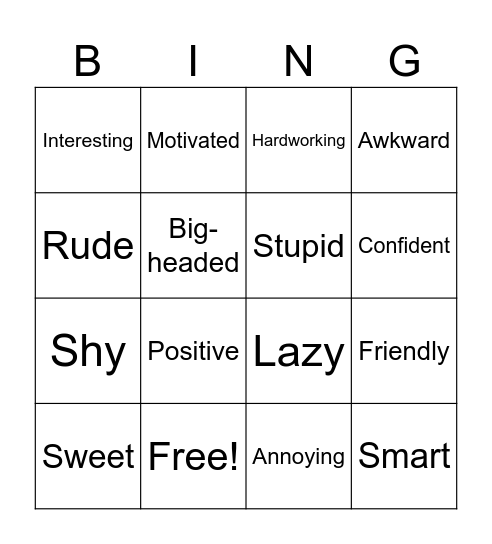 Personaltiy Bingo Card