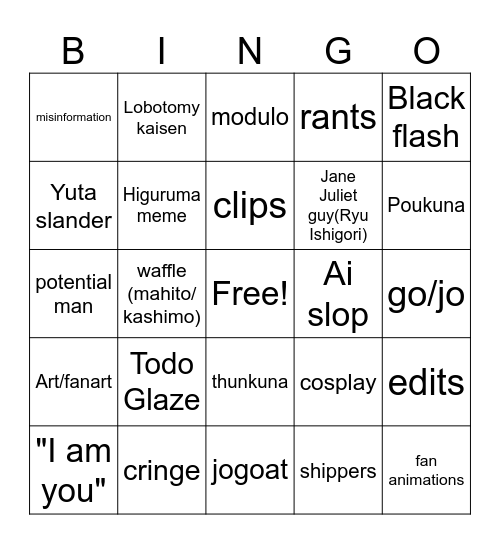 JJK Bingo Card