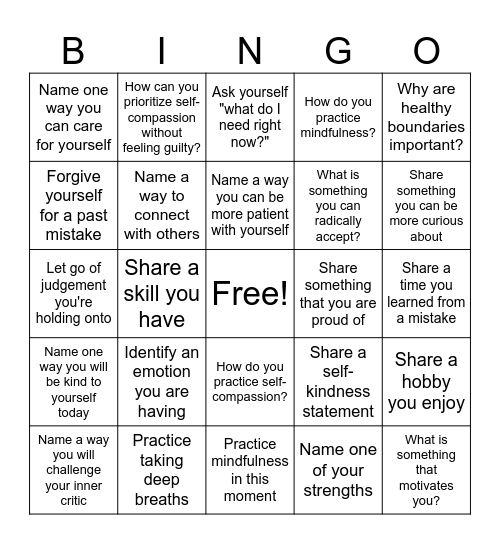 Self-compassion Bingo Card