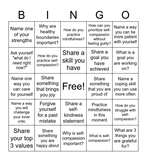 Self-compassion Bingo Card