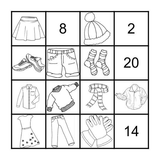 Spring clothes and numbers Bingo Card