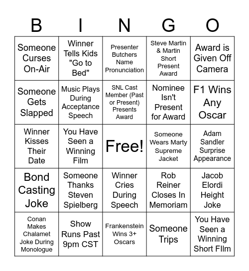 2026 Oscars Bingo Card