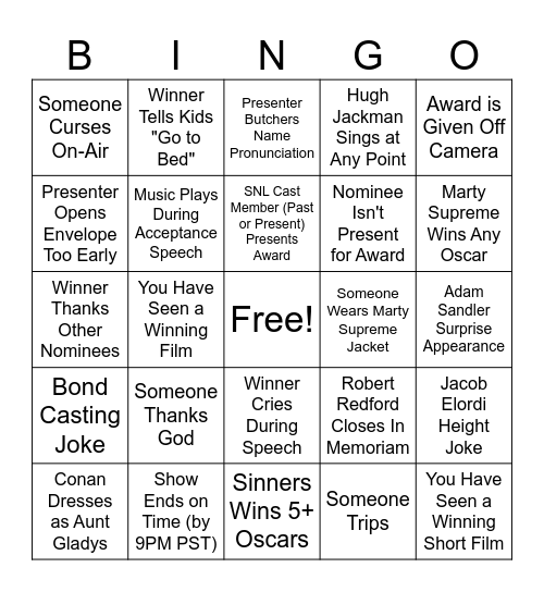 2026 Oscars Bingo Card