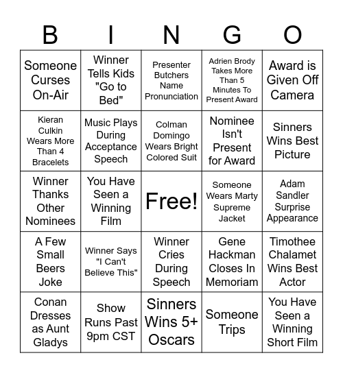 2026 Oscars Bingo Card
