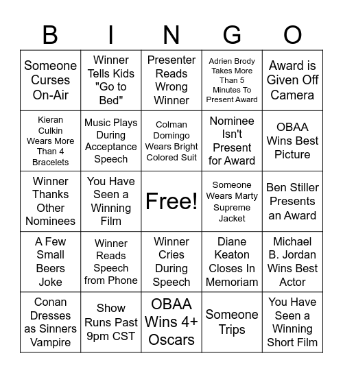 2026 Oscars Bingo Card