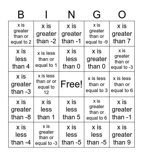 Inequality Bingo Card