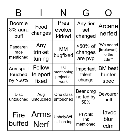 Patch notes 13/03 Bingo Card