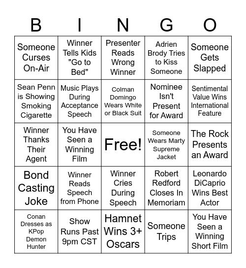 2026 Oscars Bingo Card