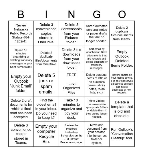 2026 LTU Records and Information Management (RIM) Month Bingo Card