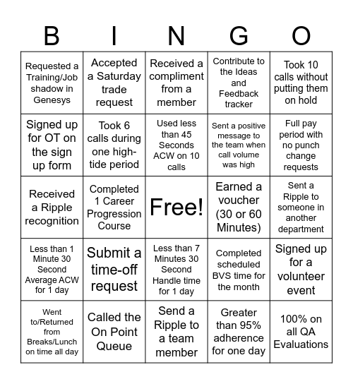 Contact Center Bingo Card