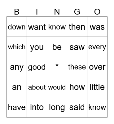 Heart Words 1-20 Bingo Card