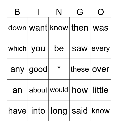 Heart Words 1-20 Bingo Card