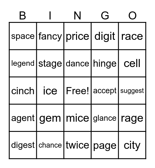 Soft C and G Bingo Card