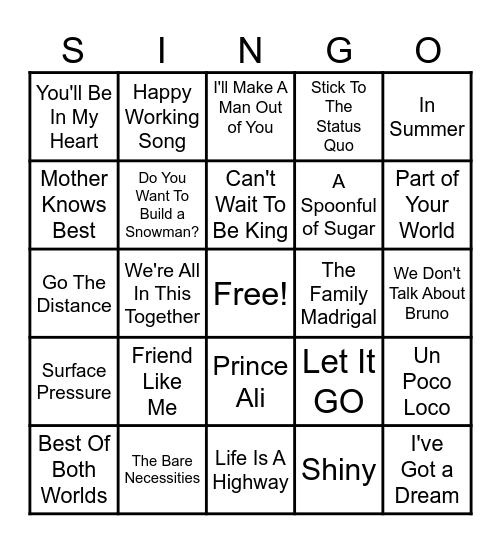 SINGO Bingo Card