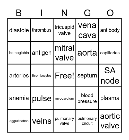 Blood & Cardiovascular System BINGO Card