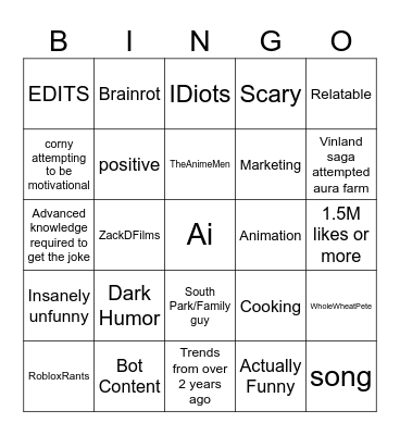 YouTube shorts bingo Card