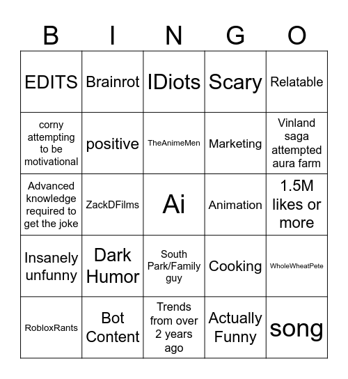 YouTube shorts bingo Card