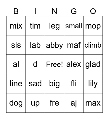 Phonics Bingo Card