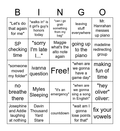Choir Bingo Card