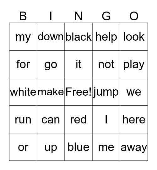 Sightword Bingo Card
