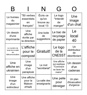 Trouve ces objets dans le centre et prends une photo. Écris aussi l'étage où tu l'as trouvé! Bingo Card