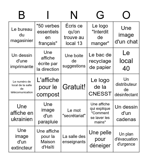 Trouve ces objets dans le centre et prends une photo. Écris aussi l'étage où tu l'as trouvé! Bingo Card