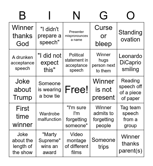Oscars 2026 Bingo Card