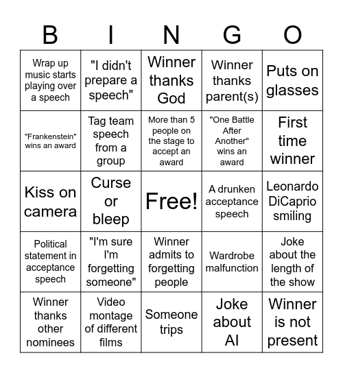 Oscars 2026 Bingo Card