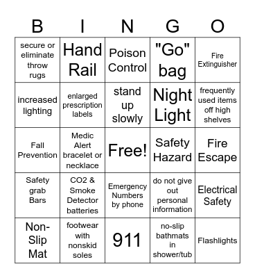 Home Safety Bingo Card