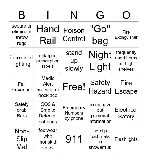 Home Safety Bingo Card