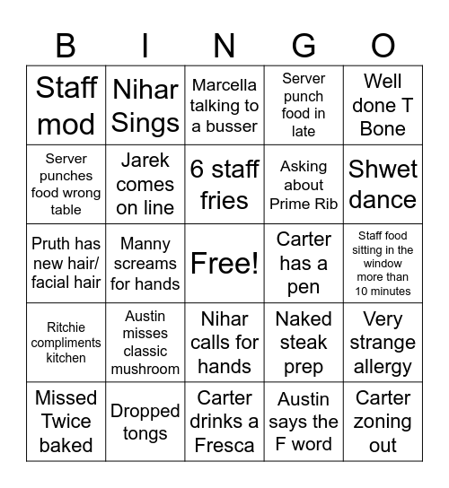 Kitchen Bingo Card