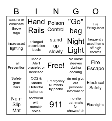 Home Safety Bingo Card