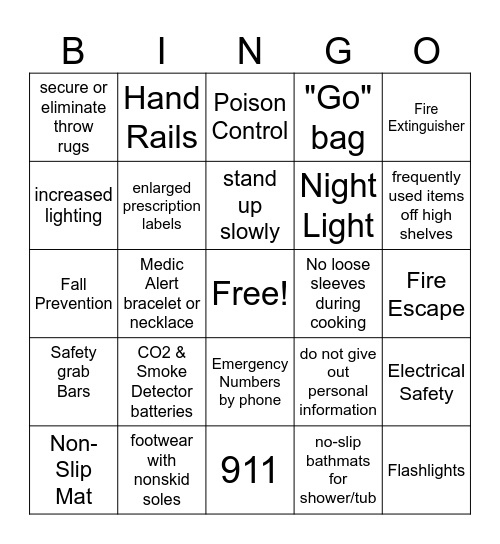 Home Safety Bingo Card
