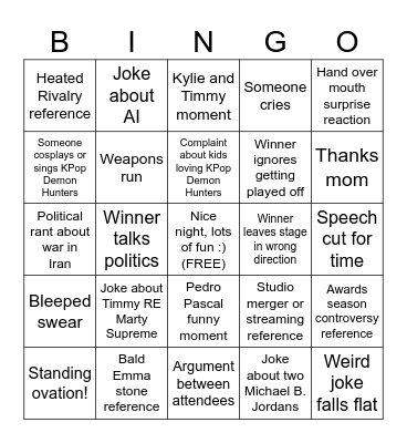 98th Academy Awards Bingo Card