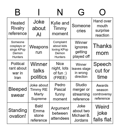 98th Academy Awards Bingo Card