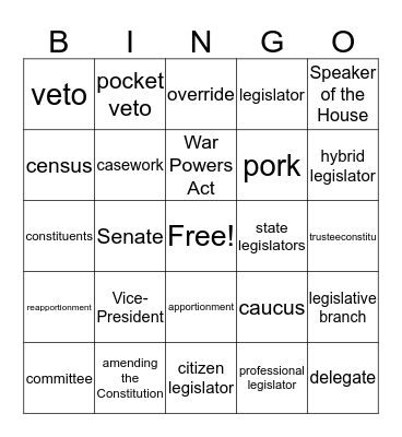 Unit 11 - The Legislative Branch Bingo Card
