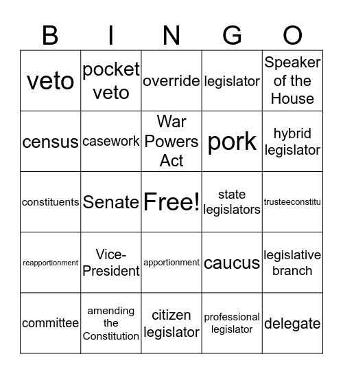 Unit 11 - The Legislative Branch Bingo Card