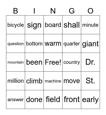 1R Tricky Words Bingo Card