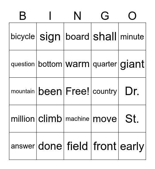 1R Tricky Words Bingo Card