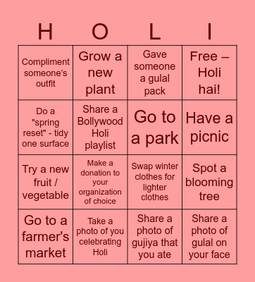 Holi Bingo Card